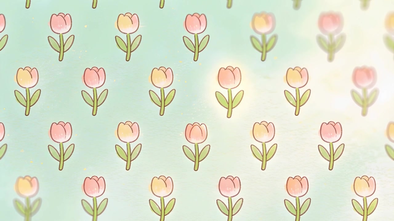 Sweeping right glow lighting tiled tulips on mint teal wall, gold dust drifting for calm decor
