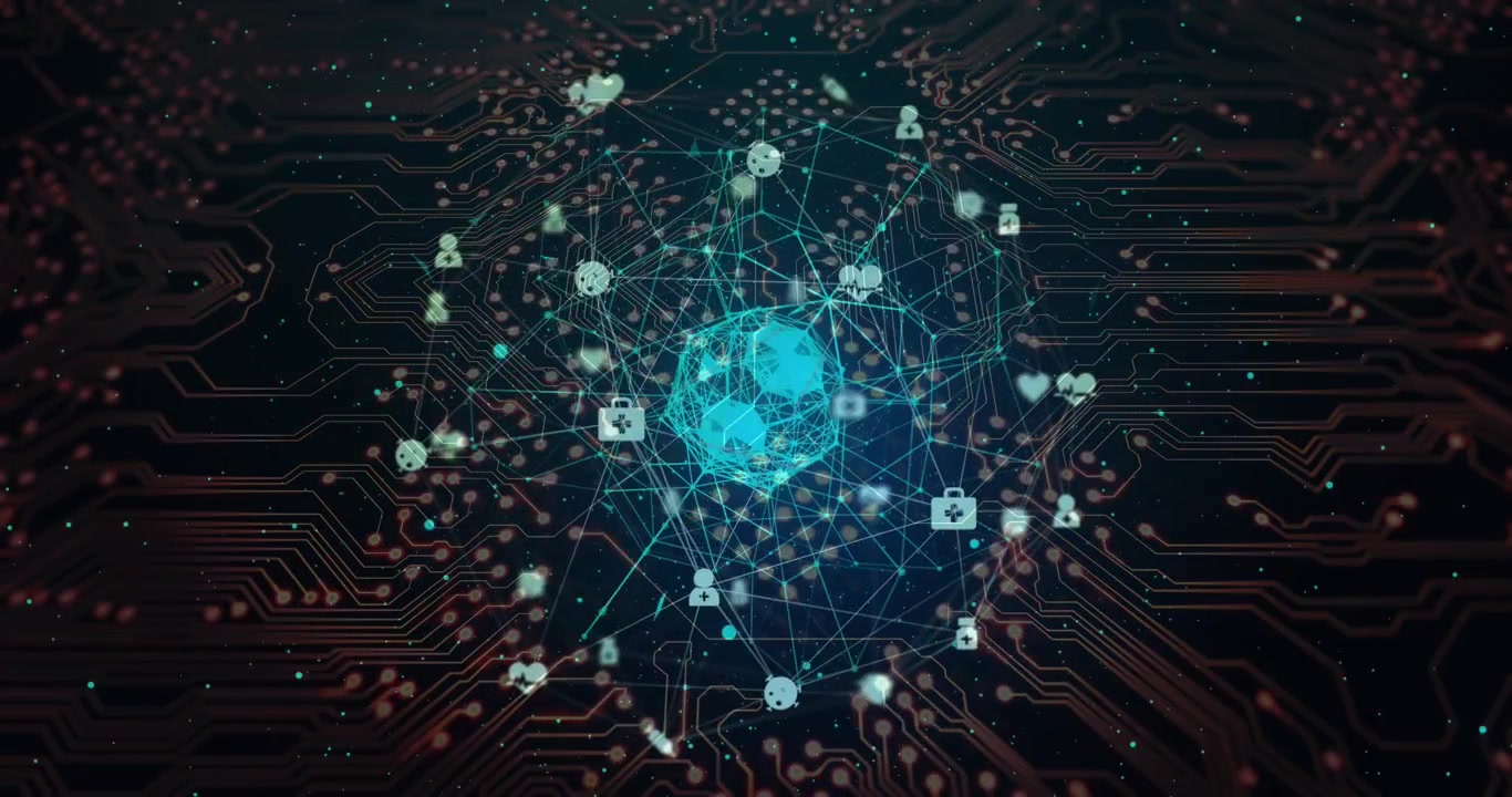 Animation of globe with connections, data processing over computer circuit board