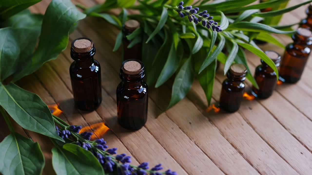 Nærbillede af Essential olieflasker med lavendel og grønne blade