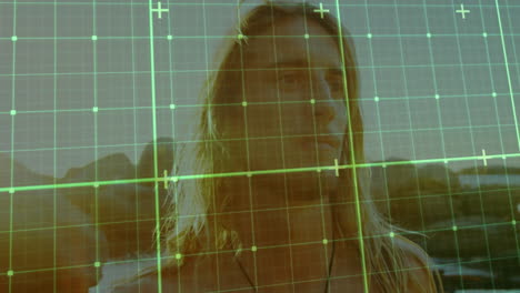 Grid overlay animation on person with long hair outside in natural setting