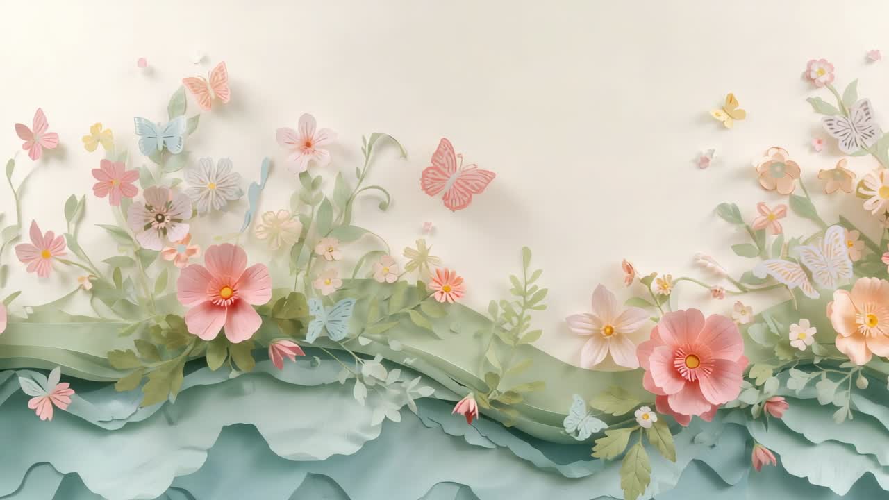 Playing paper floral band drifting on cream wall with pink blooms and butterflies rising for motion
