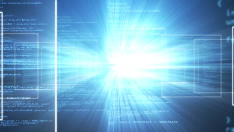 animación digital del procesamiento de datos y múltiples formas cuadradas flotando contra un fondo azul