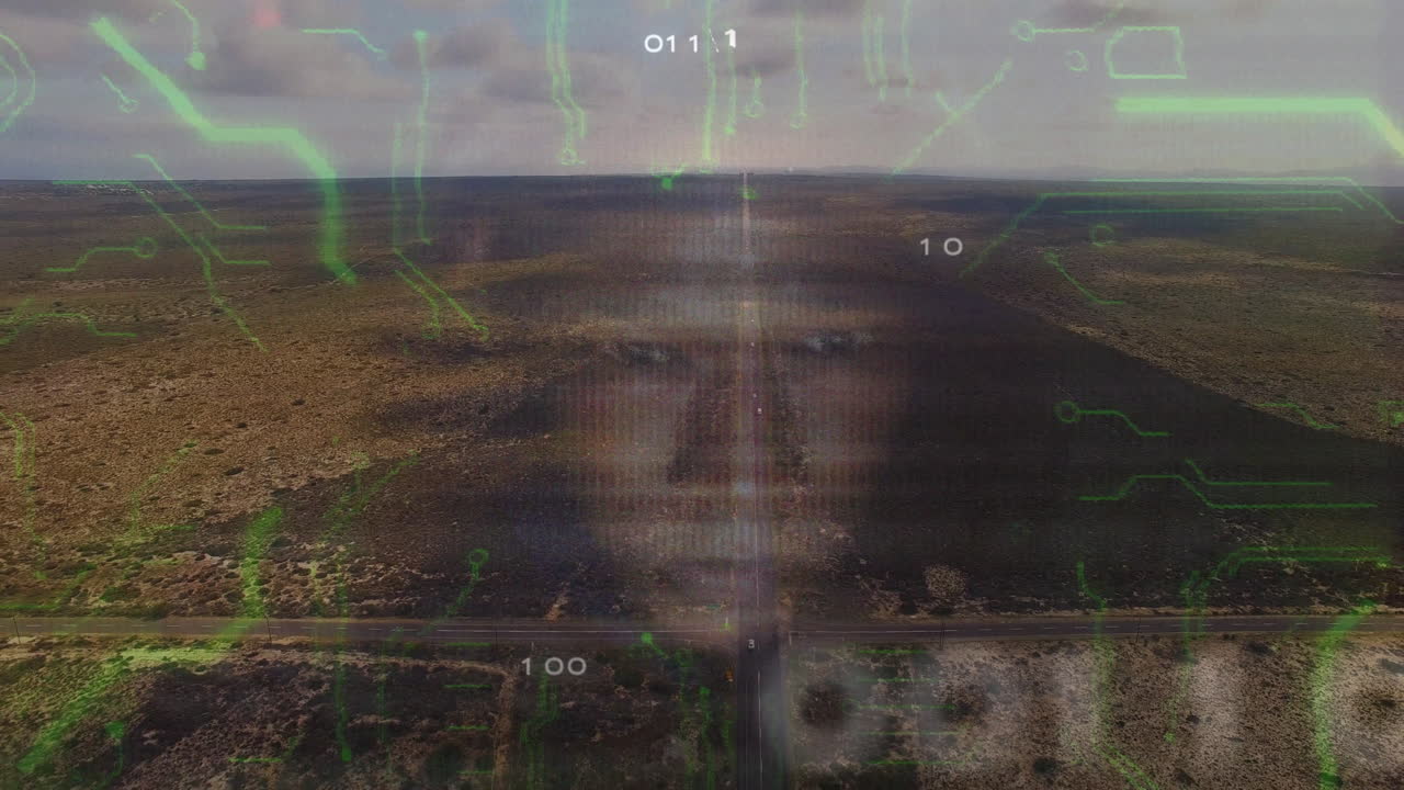 Binary code and human face animation over aerial view of vast landscape