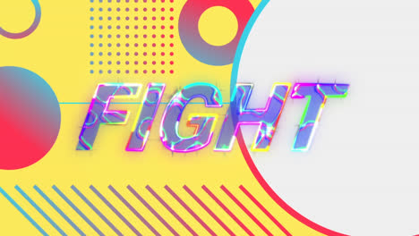 animation of fight text banner with lightning effect against abstract shapes on yellow background