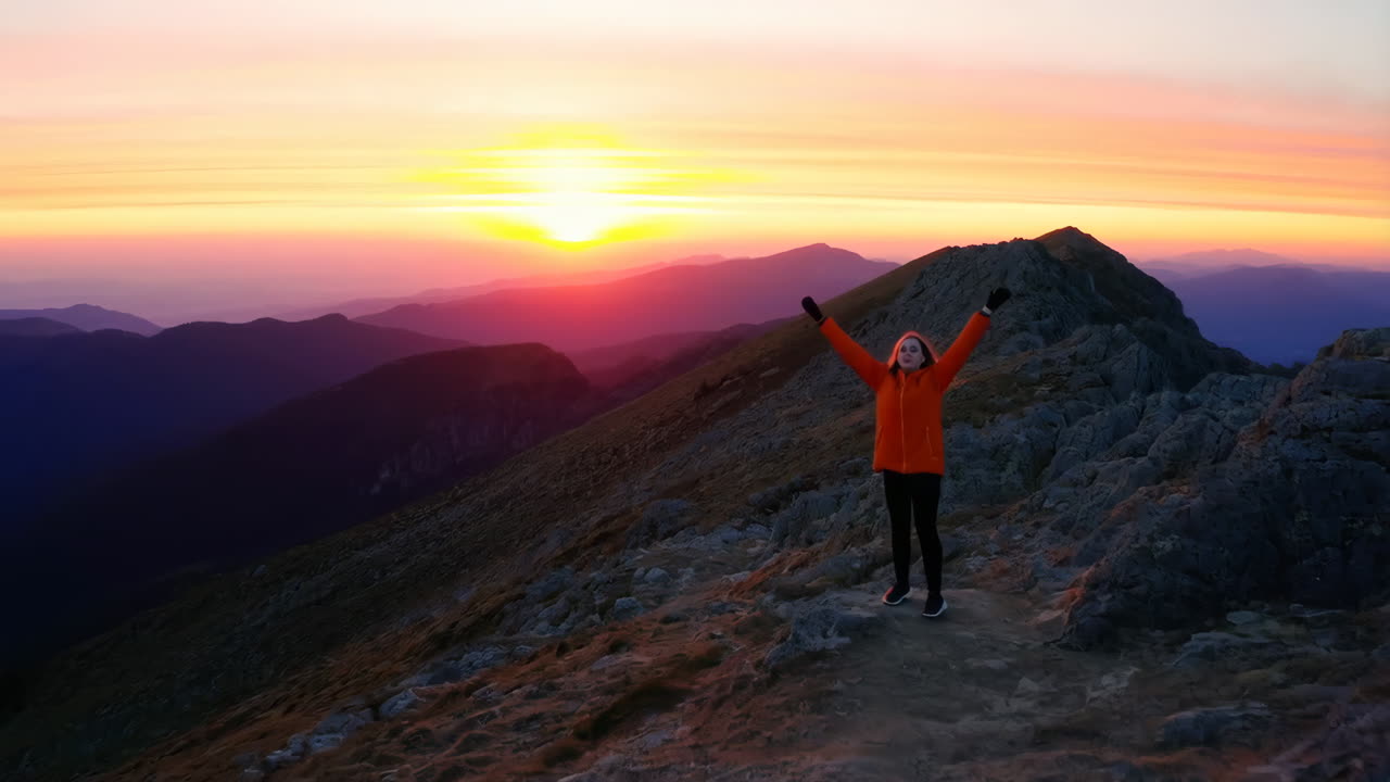 Woman on mountain ridge at sunset