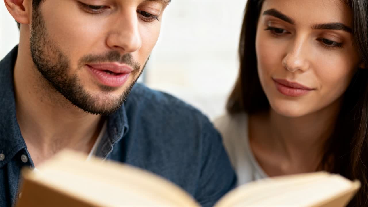 Uomo in camicia di jeans apre un libro e legge ad alta voce, donna in top chiaro lo segue a casa, condividendo.