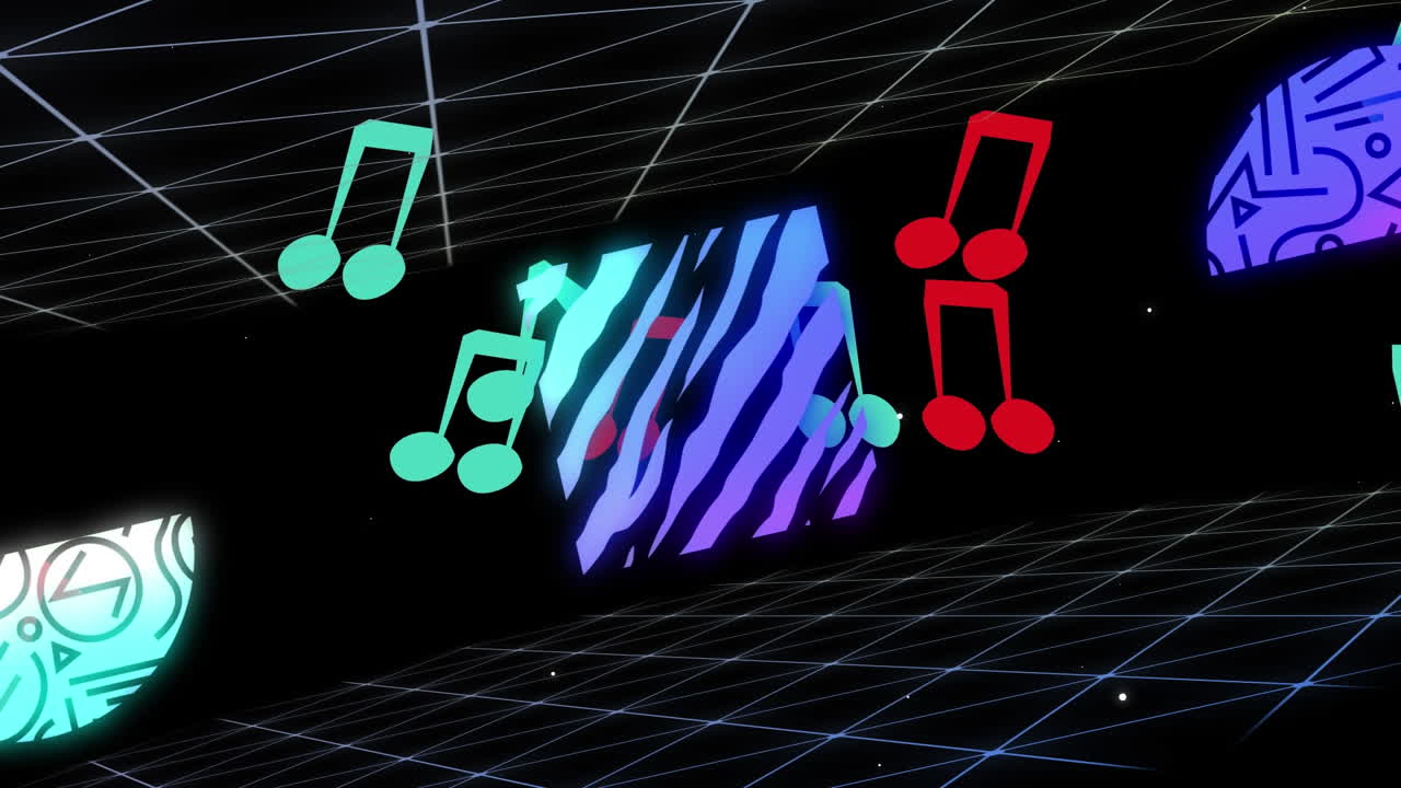 검은색 배경에 노트 위에 움직이는 네온 모양의 애니메이션