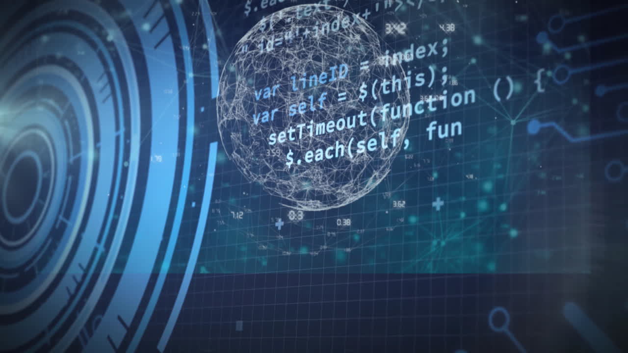 Digital code and data processing animation over futuristic blue interface