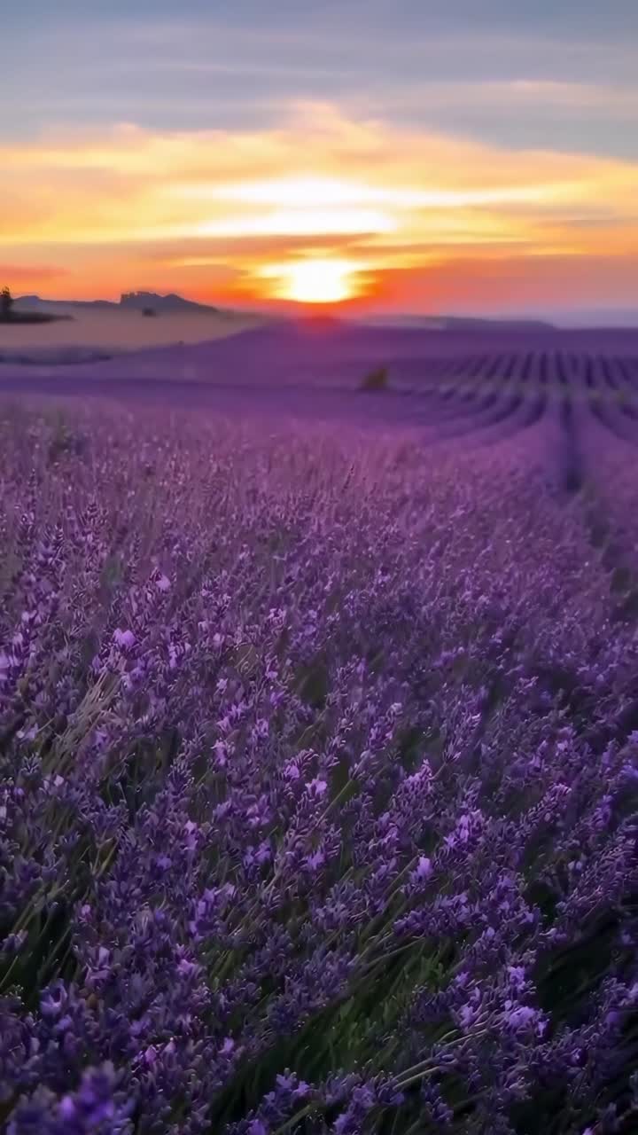 Tramonto su campi di lavanda, vista da angolazione bassa, che cattura colori vibranti in un video sereno.