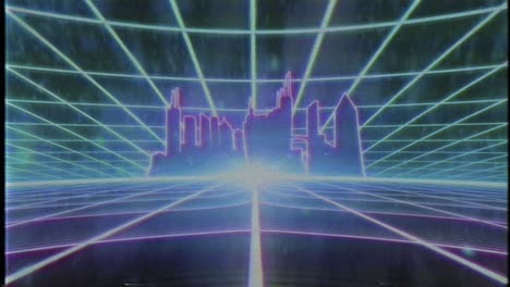 80s retro vhs cinta de videojuego intro paisaje vector arcade wireframe ciudad 4k