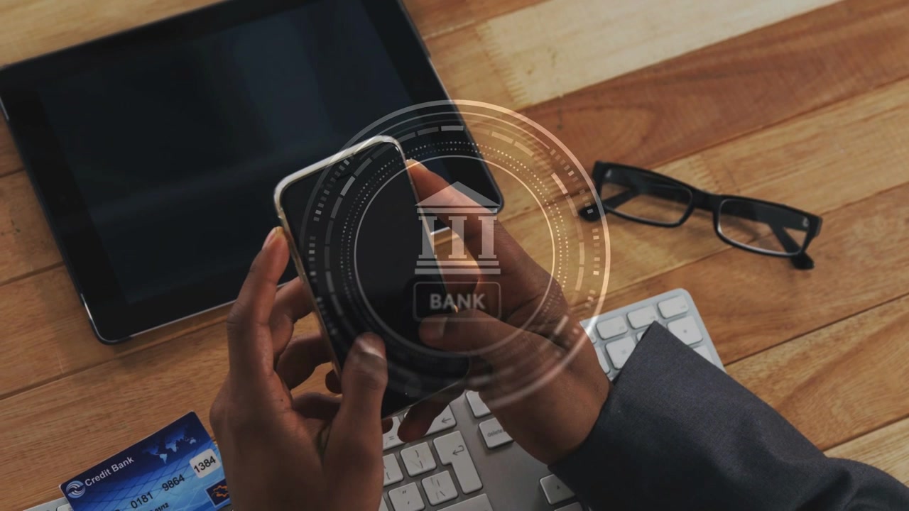 Man picking up smartphone activating banking HUD intensifying, recentering over phone while tapping
