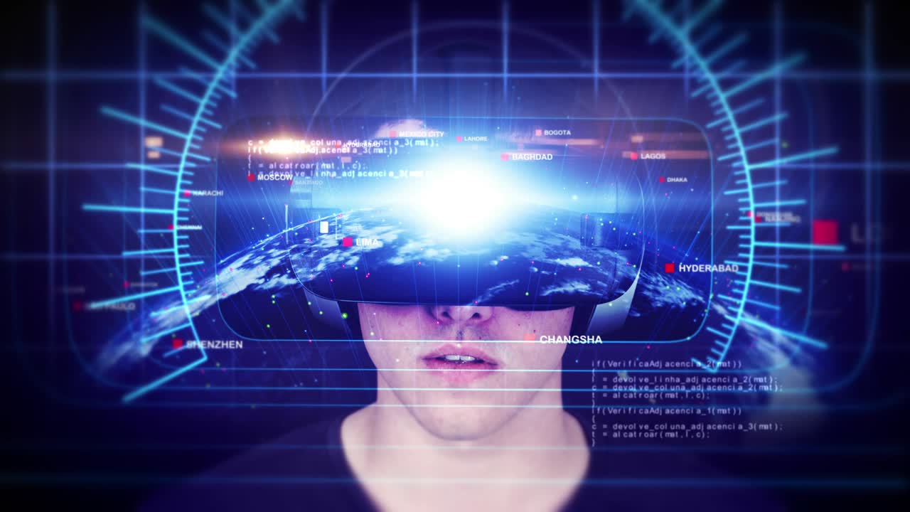 un joven guapo con auriculares vr y experimentando la realidad virtual.