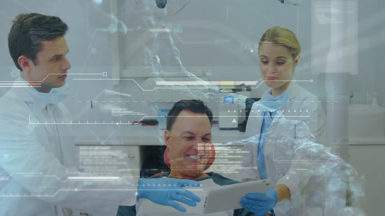 Animation of medical data processing over caucasian male patient and dentists using tablet