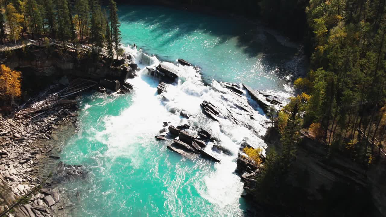 disparo aéreo de alejamiento de la parte trasera de las caídas de drones que vuelan más allá de los árboles hacia las cascadas en un día soleado en otoño en un entorno forestal y el río fraser
