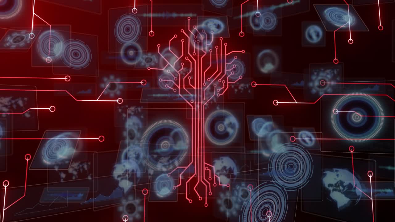 crescent glow lighting panels forming and drifting as center red data bus growing pulsing merging