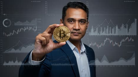 a confident individual showcases a bitcoin amidst dynamic financial graphs, representing the growing importance of cryptocurrency in modern investment strategies.