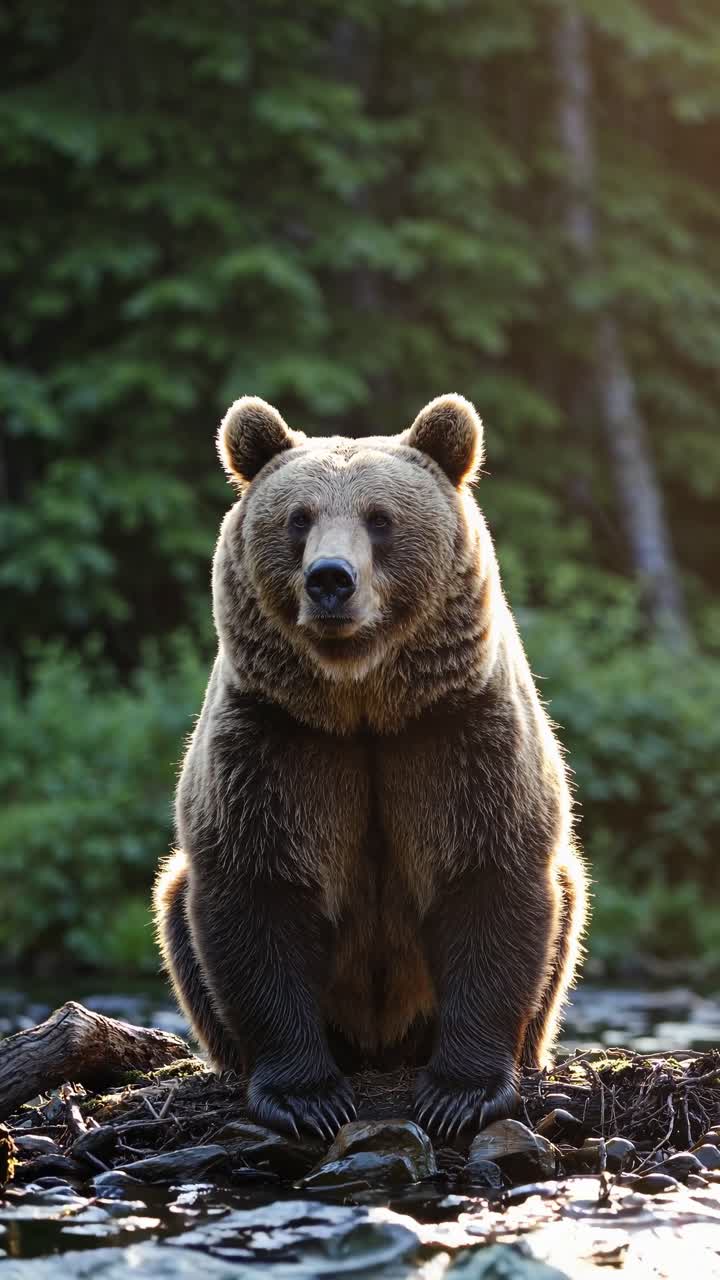 Un maestoso orso bruno è seduto vicino a un fiume, circondato da una lussureggiante foresta verde