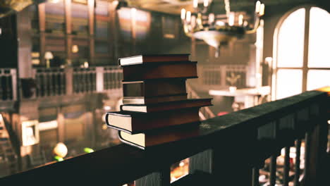 Old library interior featuring stacked books and classic architecture