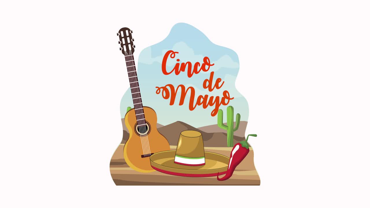 cinco de mayo con letras con guitarra y sombrero mariachi