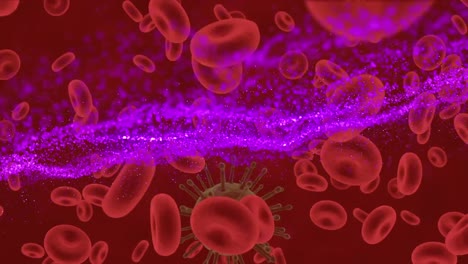 animación de la onda púrpura sobre las células en movimiento sobre fondo rojo