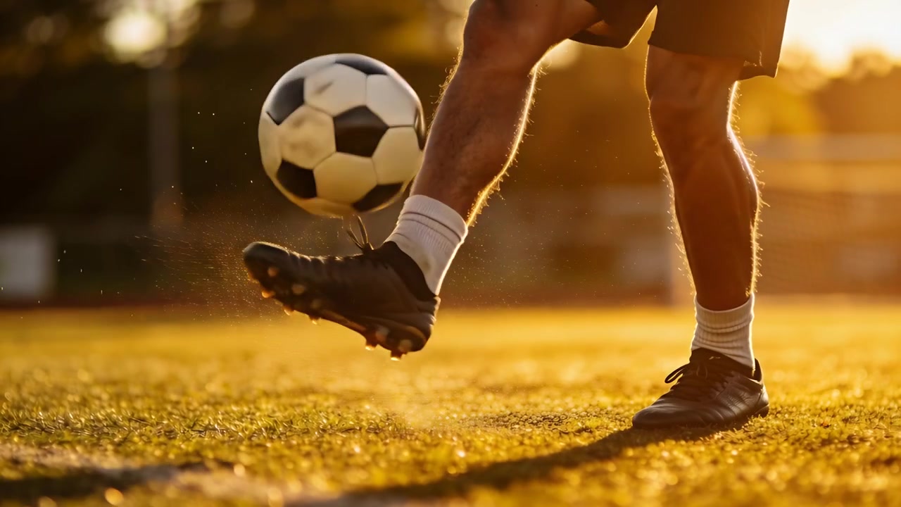 Bola jatuh, pemain mengontrol bola di rumput saat matahari terbenam, mengenakan sepatu bola hitam, melatih kontrol