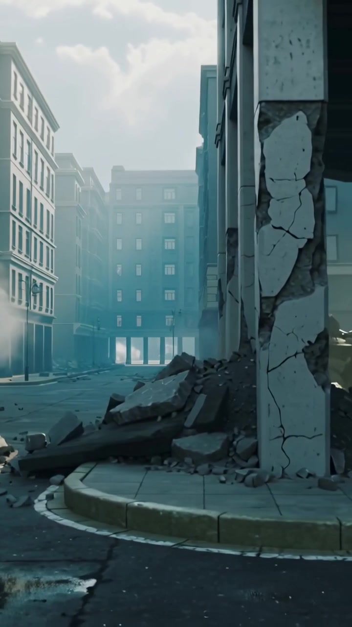 Vertical video: Camera moving revealing collapsed arcade and cracked column, recording rubble
