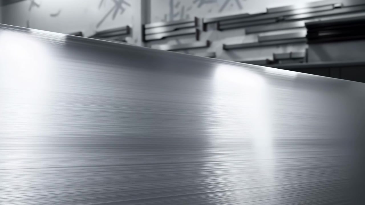 Una vista ravvicinata di una superficie argentata testurizzata rivela riflessi luminosi cangianti lungo il materiale curvo, con sfumature morbide e bordi scuri che creano un aspetto industriale astratto ed elegante durante il movimento.