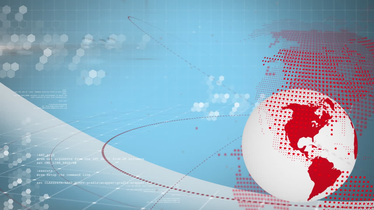 데이터 처리 및 파란색 배경의 연결 네트워크와 함께 회전하는 지구의 애니메이션