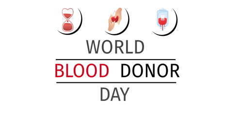 animación del texto del día mundial del donante de sangre, reloj de arena, manos y logotipos de bolsas de sangre, sobre fondo blanco
