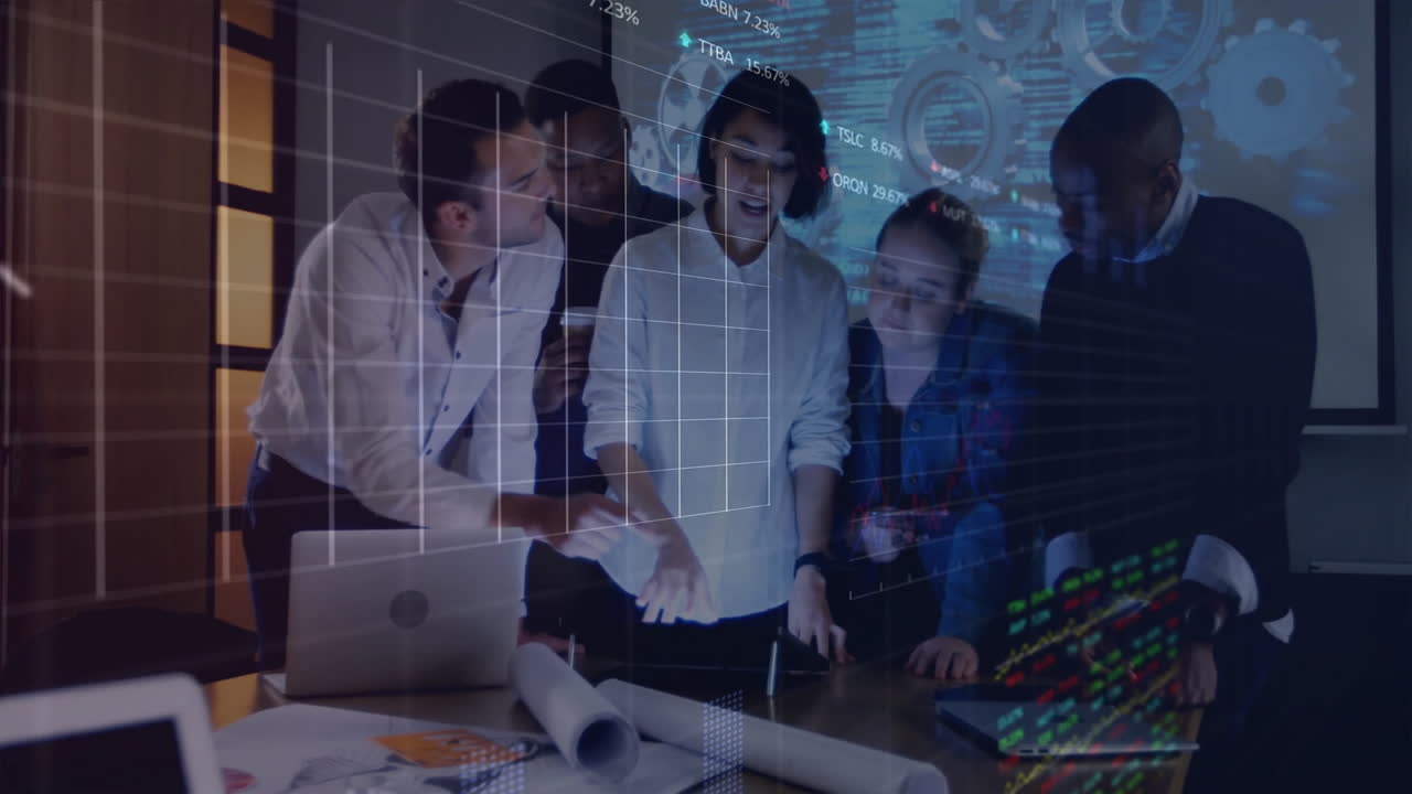 Animation of data processing over diverse business people working in office