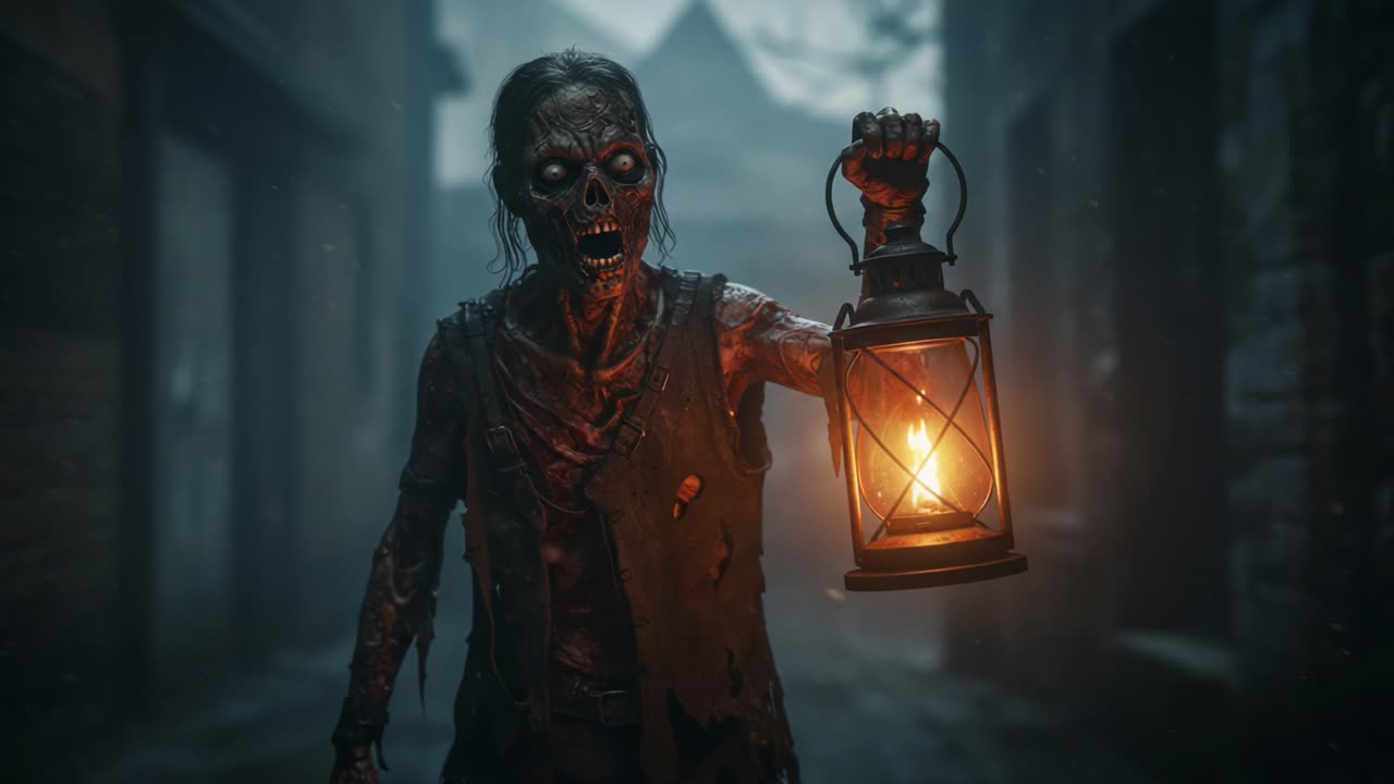 Una minacciosa figura non morta che brandisce una lanterna tremolante in una strada in ombra, evocando un'atmosfera inquietante piena di terrore e l'ignoto.