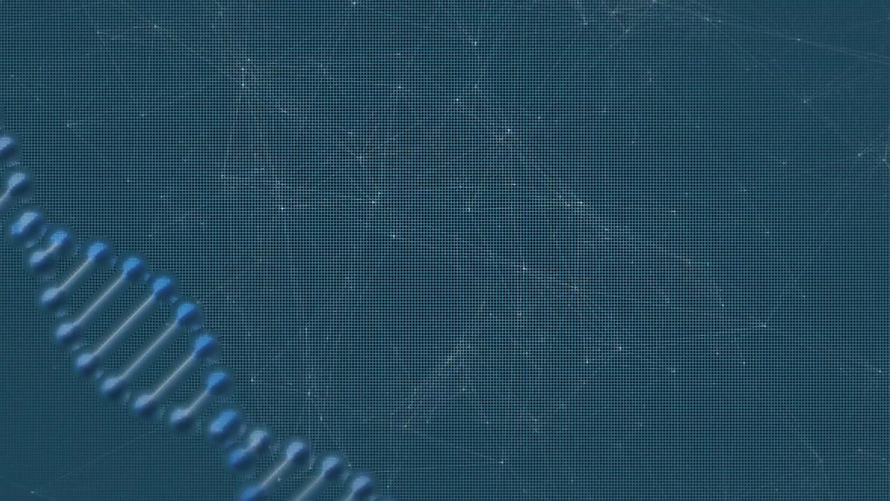 Animation of a  DNA strand rotating with network of connections on blue background
