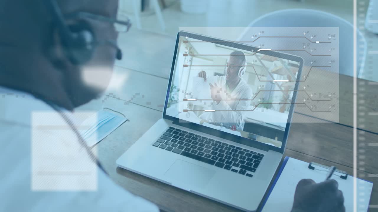 Senior man scanning report, analyzing business data, taking notes while digital overlays updating