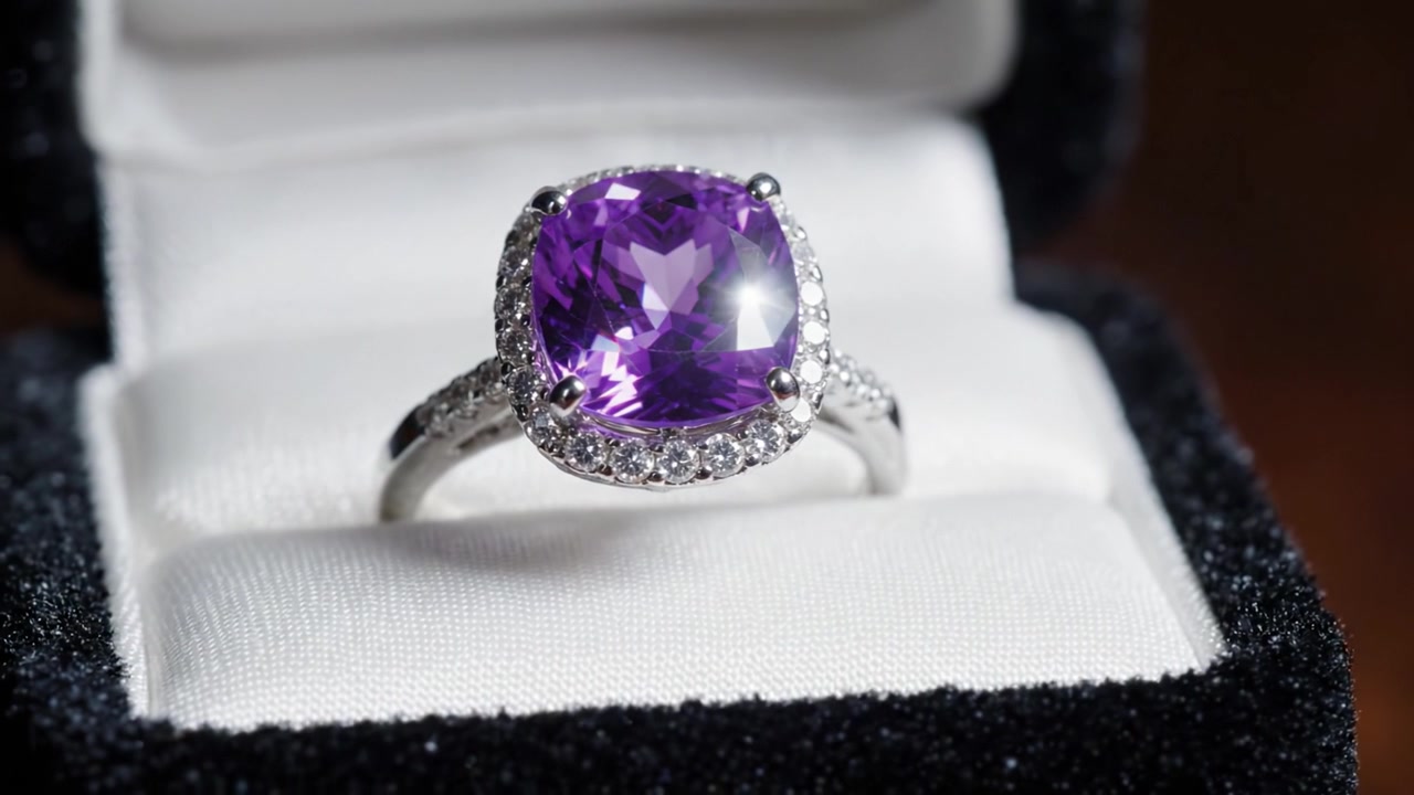 Anello con gemma viola mozzafiato con diamanti scintillanti, presentato in un'elegante scatola di gioielli, perfetto per un fidanzamento o un regalo per un'occasione speciale.
