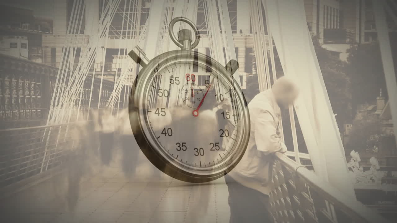 Animation of moving timer over people walking in city