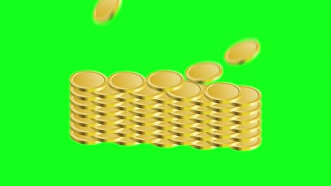 stacked coins on green screen animation. finance business investment and success dollar stack on chroma key.