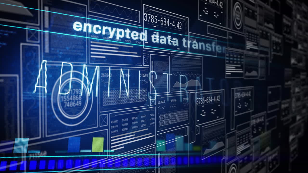 Encrypted data transfer text over digital graphs and charts animation