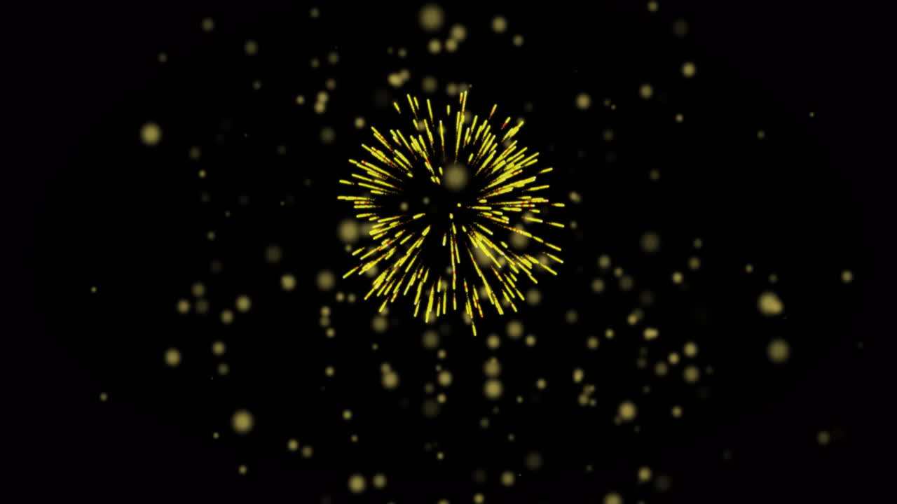 Animation of glowing yellow spots with christmas and new year fireworks in night sky