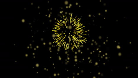 Animation of glowing yellow spots with christmas and new year fireworks in night sky