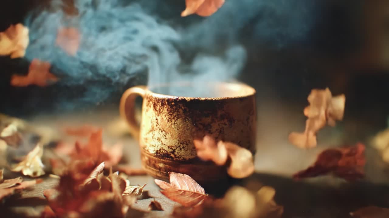 A Cozy Autumn Scene: Captivating Steam Rising from a Rustic Mug Surrounded by Falling Orange and Brown Leaves in a Warm, Inviting Atmosphere