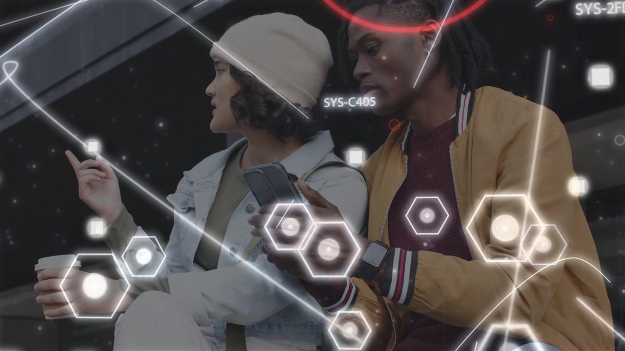 Man scrolling phone on steps to explore SYS data while woman pointing, AR hex highlighting nodes