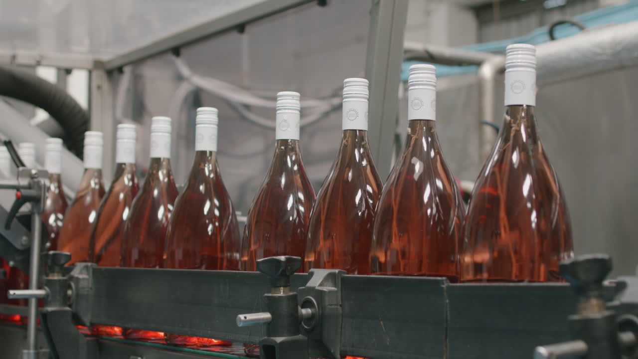 Medium shot showing filled and capped wine bottles moving in a row along an industrial production line.