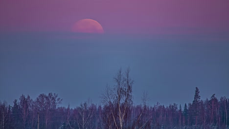 Luna-Sangrienta-Masiva-Que-Se-Asienta-En-Un-Paisaje-Nublado-Gris,-Lapso-De-Tiempo-De-Fusión