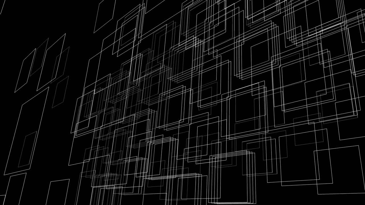 Animated geometric square mesh forming parametric 3D wireframe structure. Suitable for technology visuals, science graphics, engineering concepts and data visualization