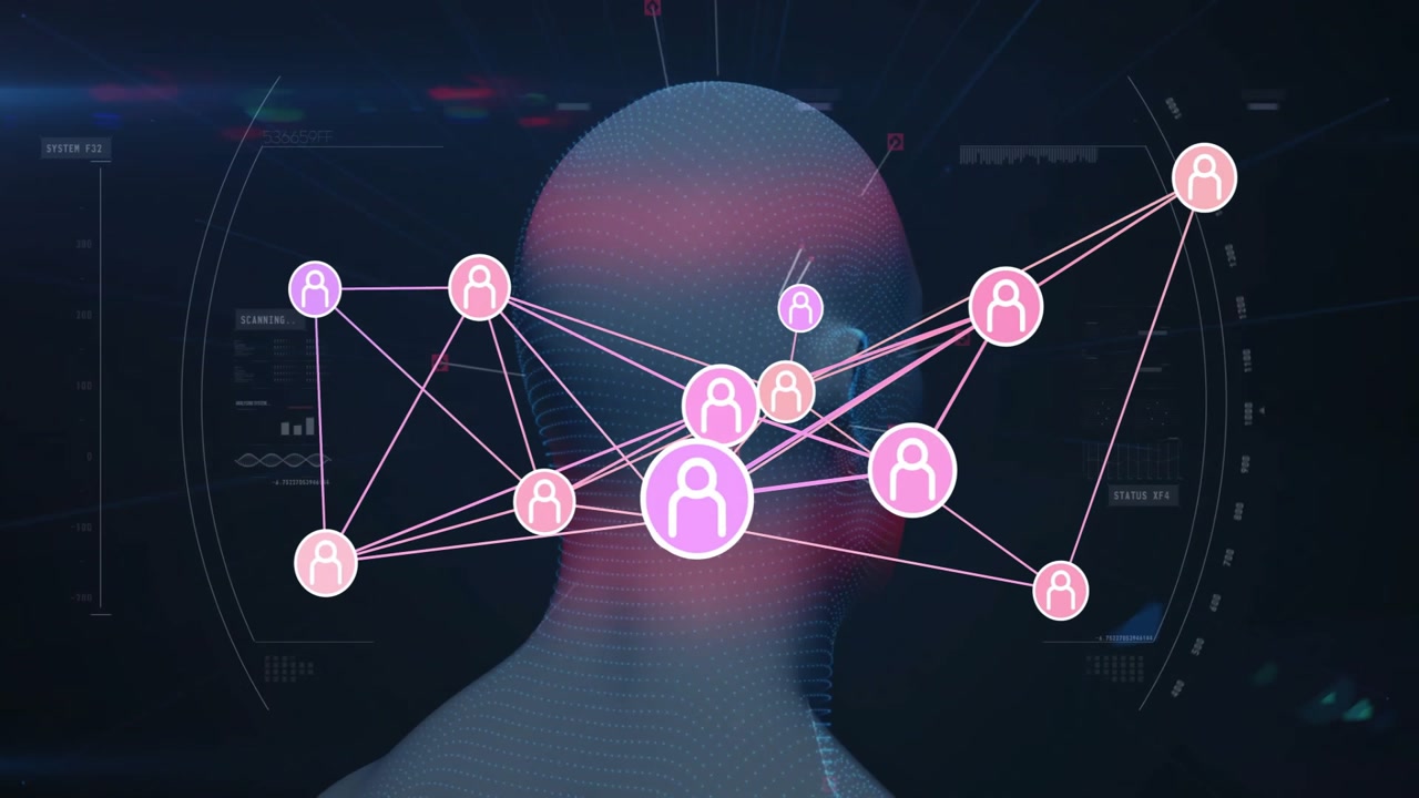 Initial pink node appearing on rotating 3D wireframe head mapping user network connections