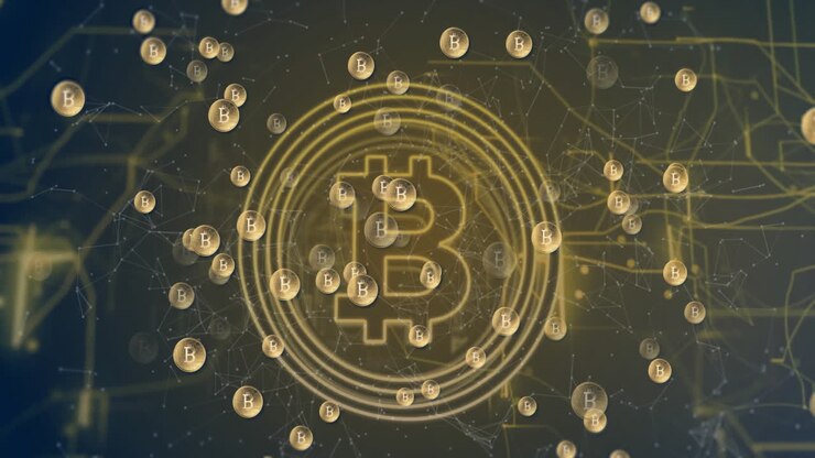 Animazione di una rete di connessioni e simbolo Bitcoin