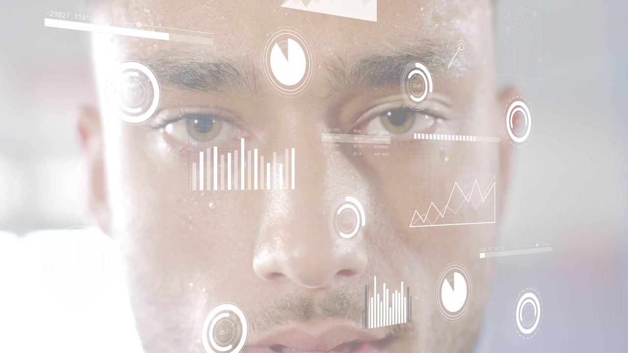 Man panting and closing eyes in fitness studio, camera rising moving HUD charts across face