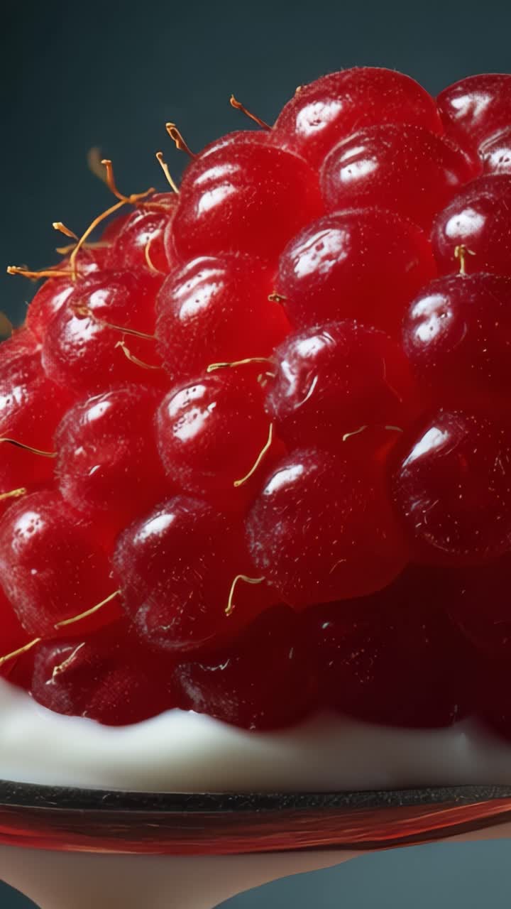 Close-up of Vibrant Red Berries on Creamy Layer Showcasing Their Juicy Texture and Lustrous Appearance in an Artistically Styled Dessert Presentation