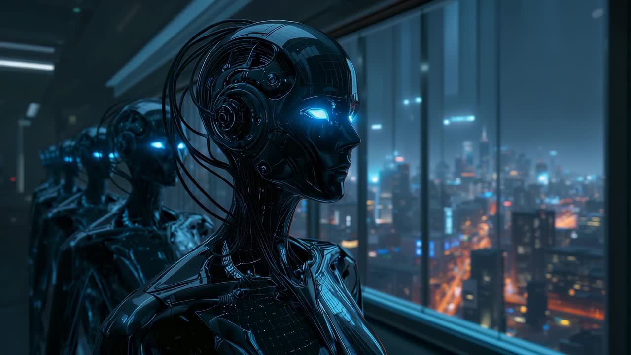 Flickering androids shifting ocular lights from blue to red for attack by window, with cityscape