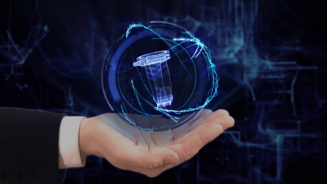 칠한 손은 개념 홀로그램 3d 시계를 그의 손에 보여줍니다.